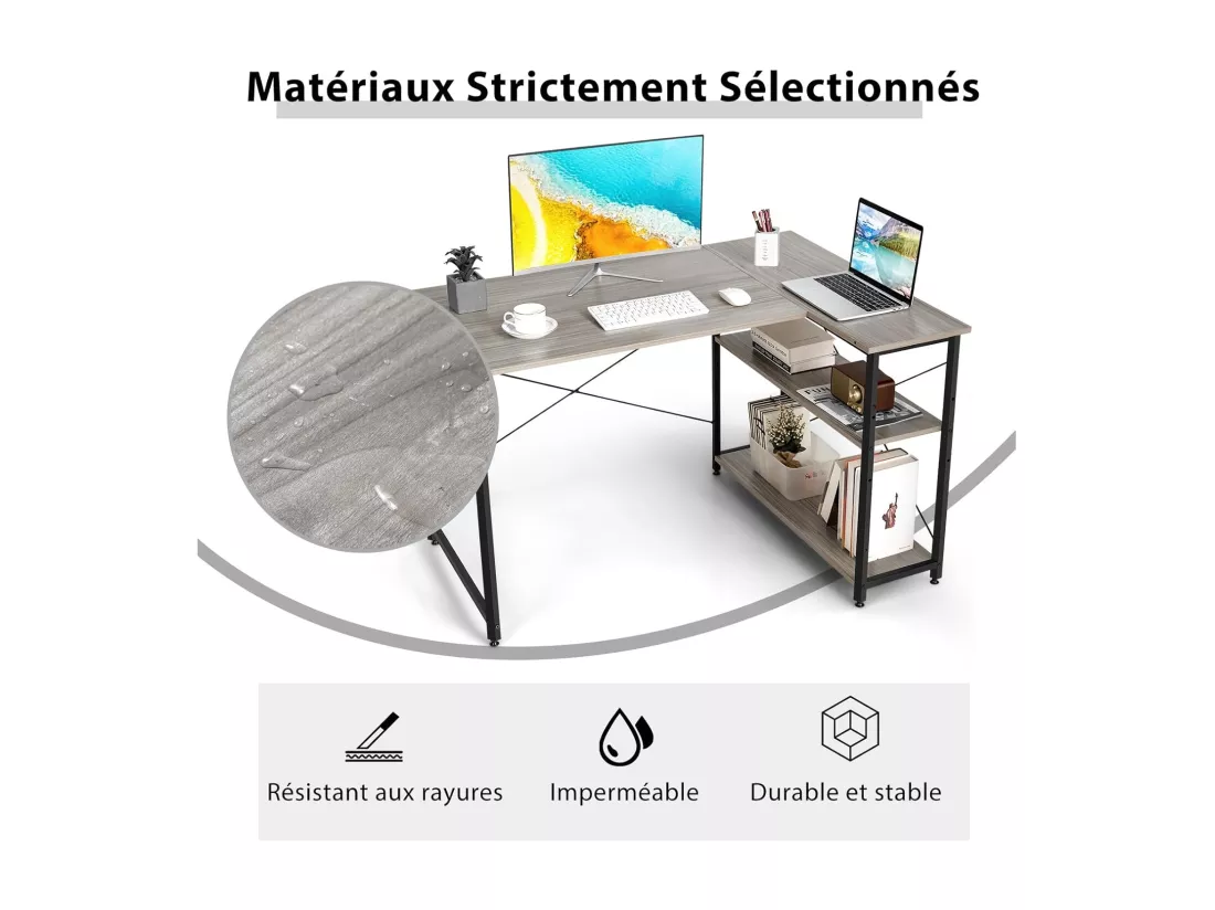 Bureau d'angle en Forme L Réversible, Poste de Travail avec Étagères de Rangement, 120 x 88 x 74,5 cm, Peu Encombrant, pour Maison, Bureaux (Gris)
