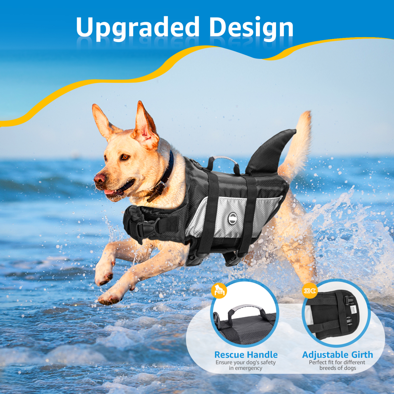Nobleza - Colete salva-vidas para cães com barbatana de tubarão, boia para cães com faixas refletoras, colete de natação para cães com alça e alta flutuabilidade para natação, surfe e vela, cinza (G)