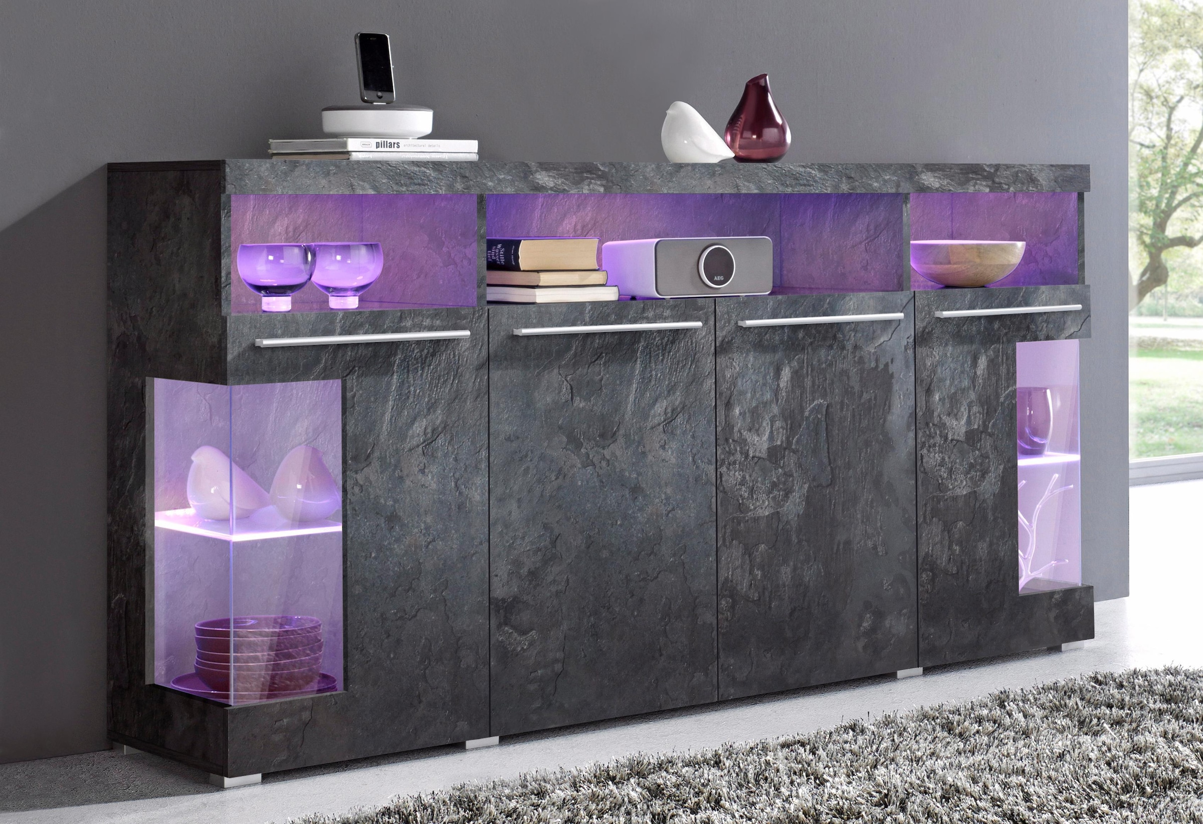 INOSIGN Sideboard »India,Breite 182cm, stilvolle Kommode mit Glastüren« Kombikommode viel Stauraum, Einlegeböden verstellbar,ohne Beleuchtung