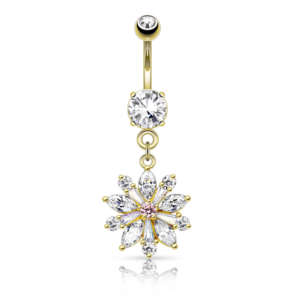 (10mm) 316L Chirurgenstahl Bauchnabelpiercing mit Gewindeverschluss Flower Anhänger - Gold