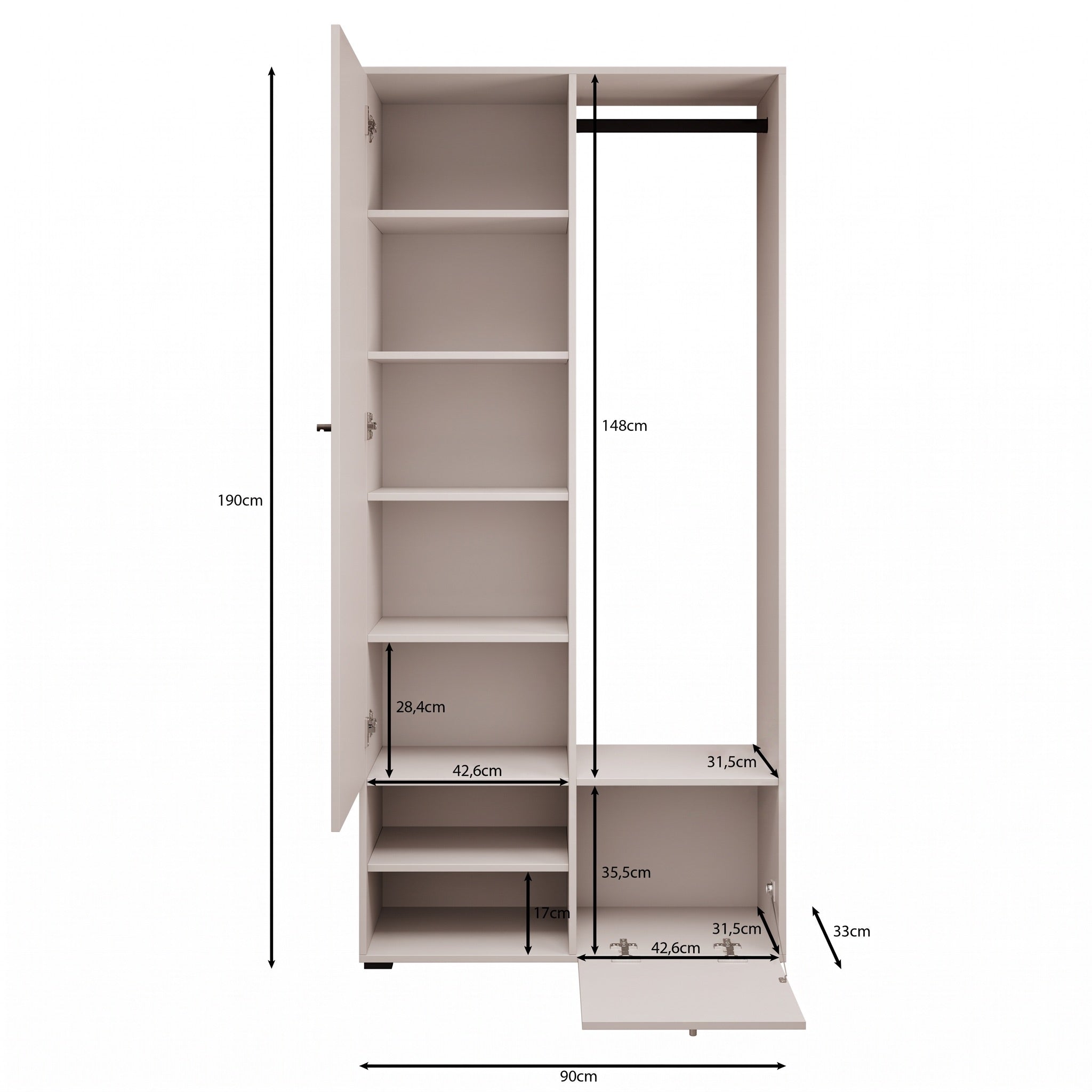 Deacon - Halkast met 2 deuren - Eiken/Zwart - 90x33x190 cm