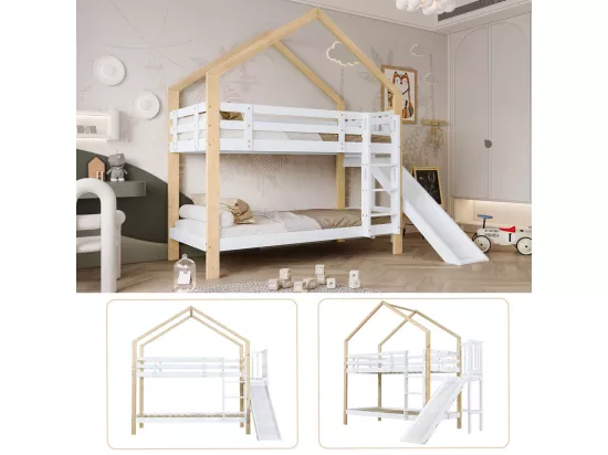 Lits Superposés 2x90x200cm avec toboggan - lit cabane - cadre de lit en bois massif - Blanc+Naturel
