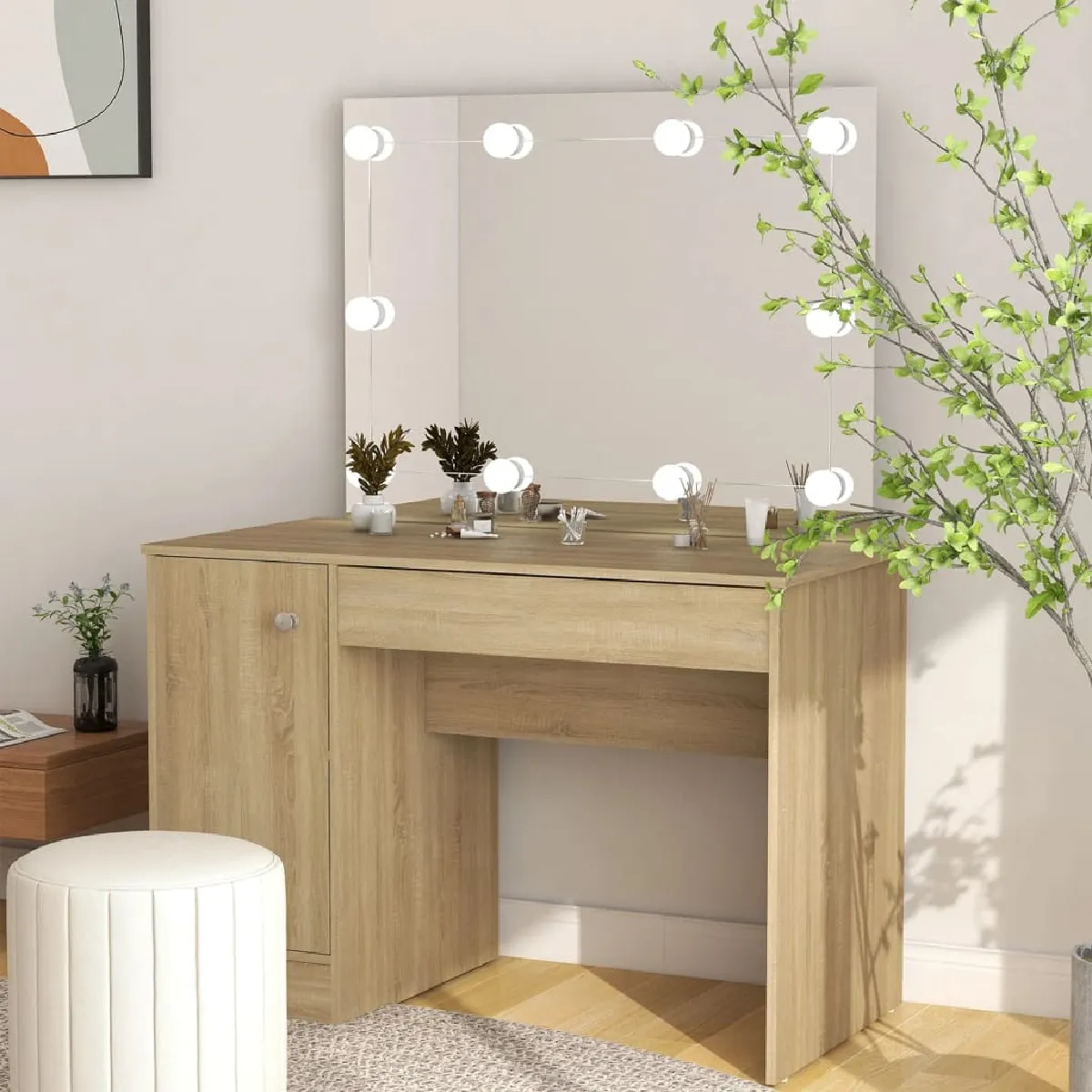 vidaXL Table de maquillage avec LED MDF Chêne 110x55x145 cm