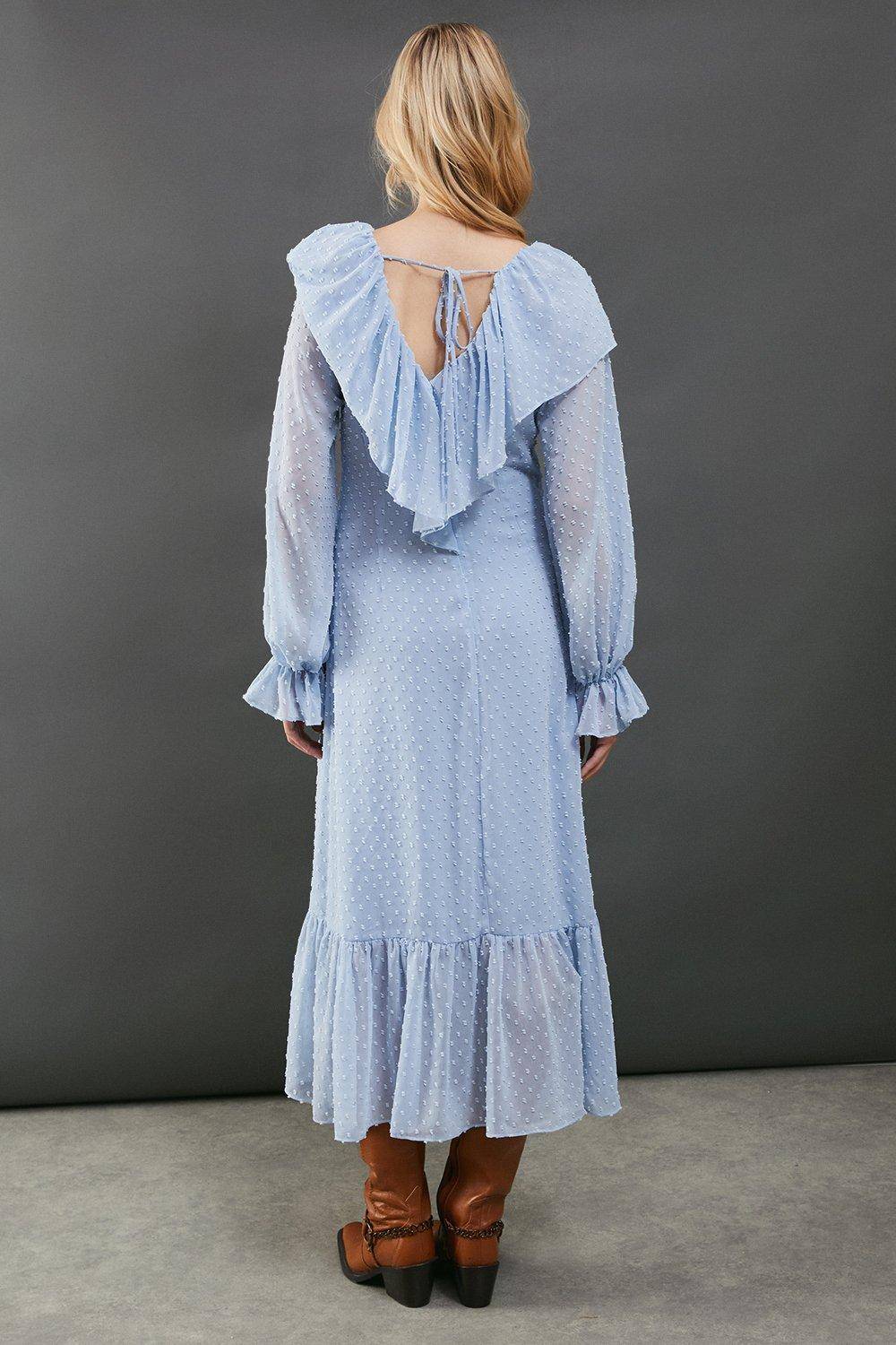 Warehouse Robe Midi en Mousseline Dobby à Volants et Ourlet Asymétrique