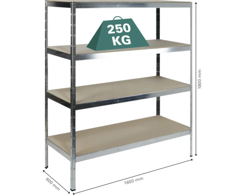 Zware boutloze stellingkast Kaiserthal, verzinkt, 180x160x60 cm, 4 houten legborden, draagvermogen 1000 kg