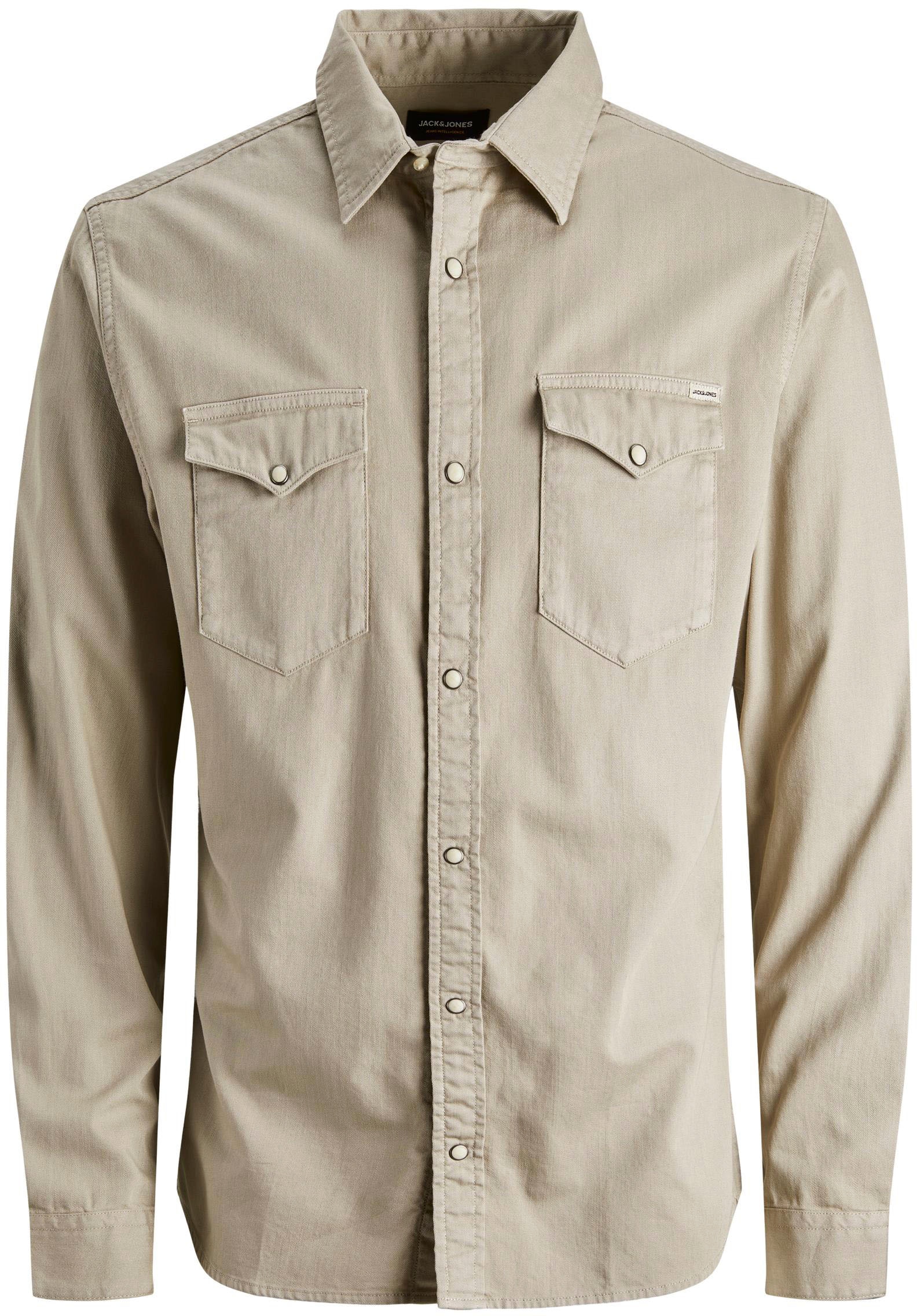 Jack & Jones Jeanshemd »JJESHERIDAN im Workwear-Stil mit robuster Baumwollqualität«, unifarben, modisch, slim fit, Baumwolle, Hemdkragen
