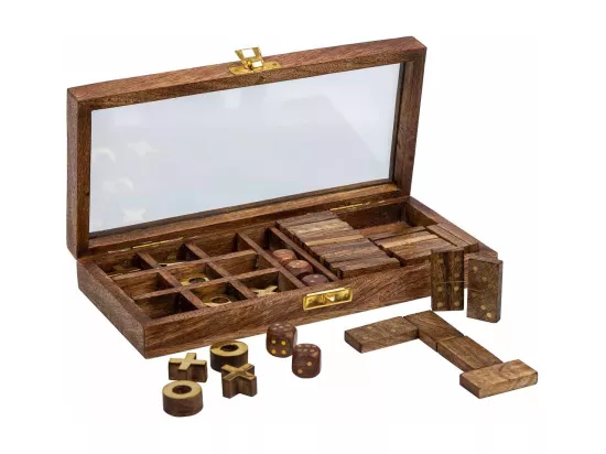 Jeu 3 en 1 (domino+dés+morpion) dans une boîte en bois marron 28x13x4,5h