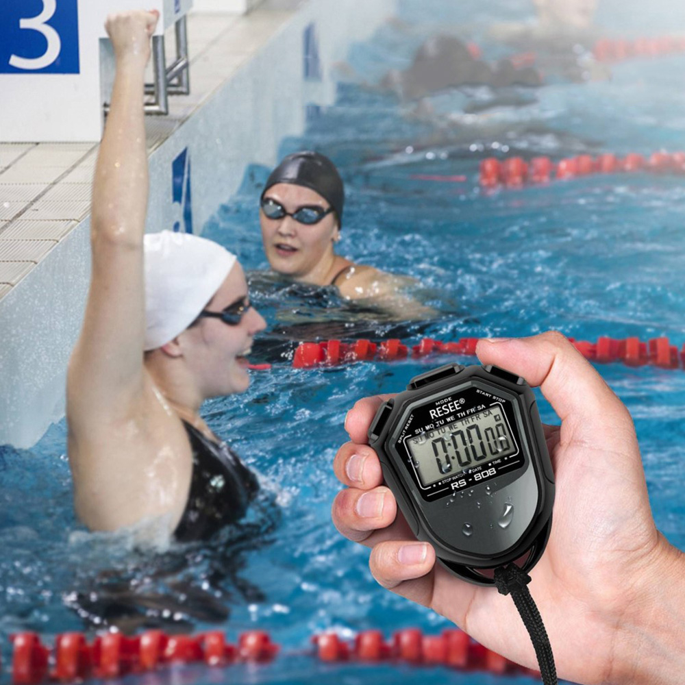 2in1 Digitale Hand Stoppuhr Sport Timer mit LCD Display   Umhängeband - Schwarz