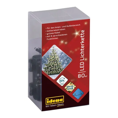 Idena 80er LED Lichterkette, warmweiß, innen und außen, 8 Funktionen, batterieb., Timer