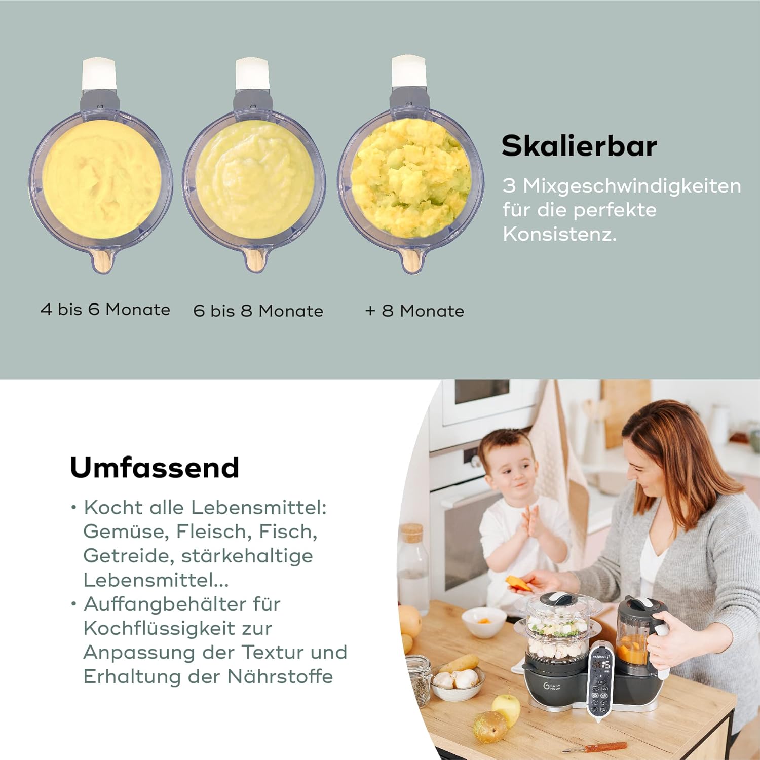 Babymoov Nutribaby Plus industrial grey - Babynahrungszubereiter, 2200ml Fassungsvermögen, schonendes Dampfgaren, Mixen, Sterilisieren, Aufwärmen