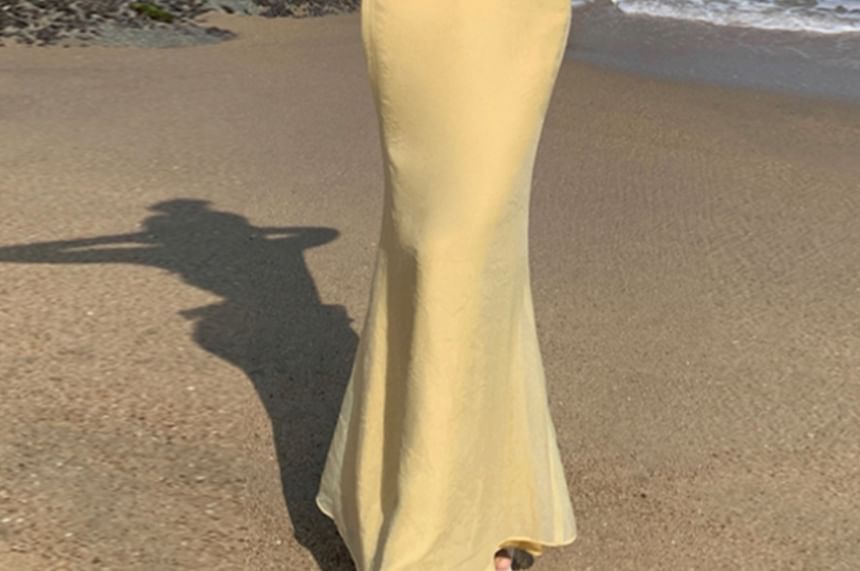 Saccharine - Spaghettibandjes V-hals Effen Ruffle Cutout Tie-Up Maxi Zeemeerminjurk