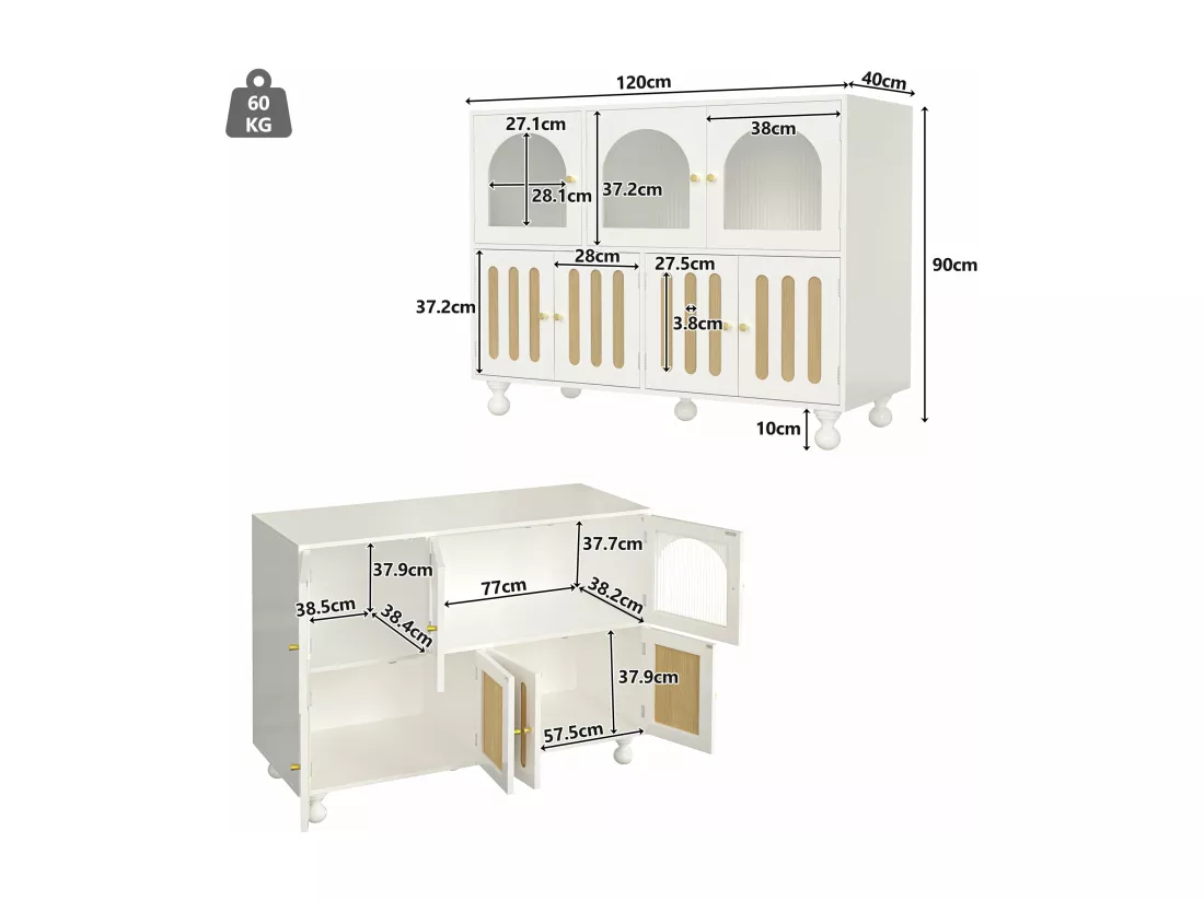 Buffet blanc élégant avec verre arc-en-ciel,d120cm×h90cm