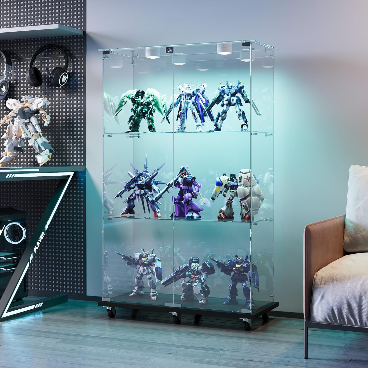 Vitrine für Sammlungen, groß, Glasvitrine mit Licht, 123,3 x 35 x 78,5 cm, Vitrine mit Rollen und LED, 2 Türen, 3 Einlegeböden, transparent (2 Türen, 3 Etagen, Schwarz + Rad)