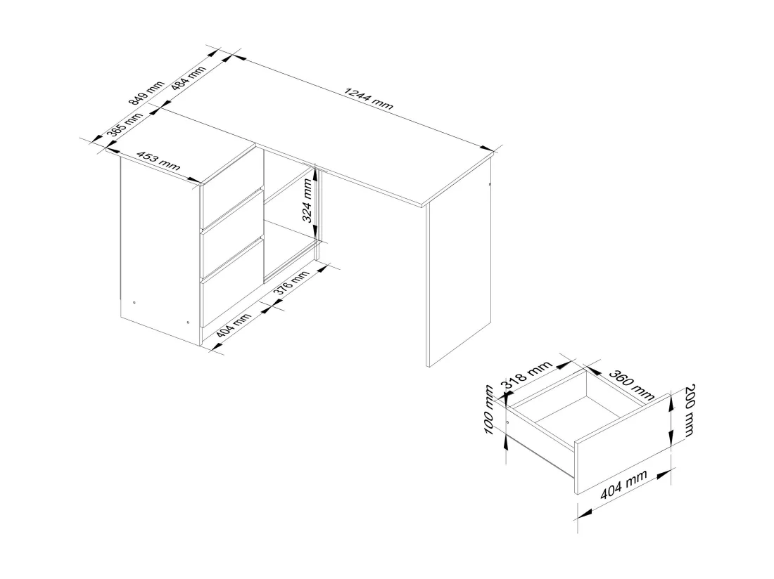 Bureau AKORD d'angle gauche B16 Blanc 124 cm 3 tiroirs façade Blanche 2 étagères 124x85x77 cm