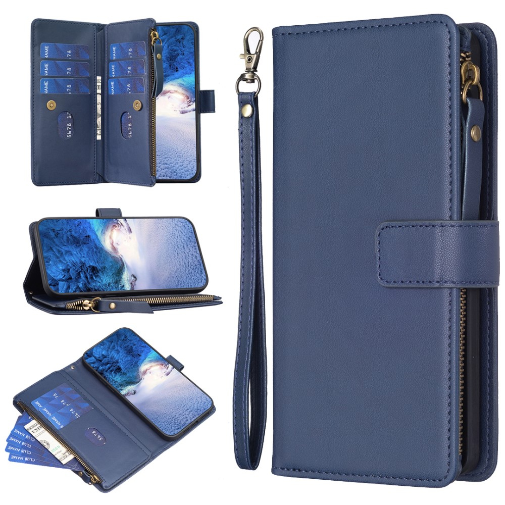 iPhone 15 Pro Max Leder Wallet Etui Tasche mit 9 Kartenfächern   Münzfach - Dunkelblau