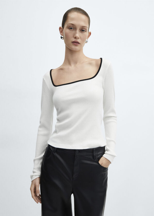 MANGO Ribbed Squared neckline t-shirt White