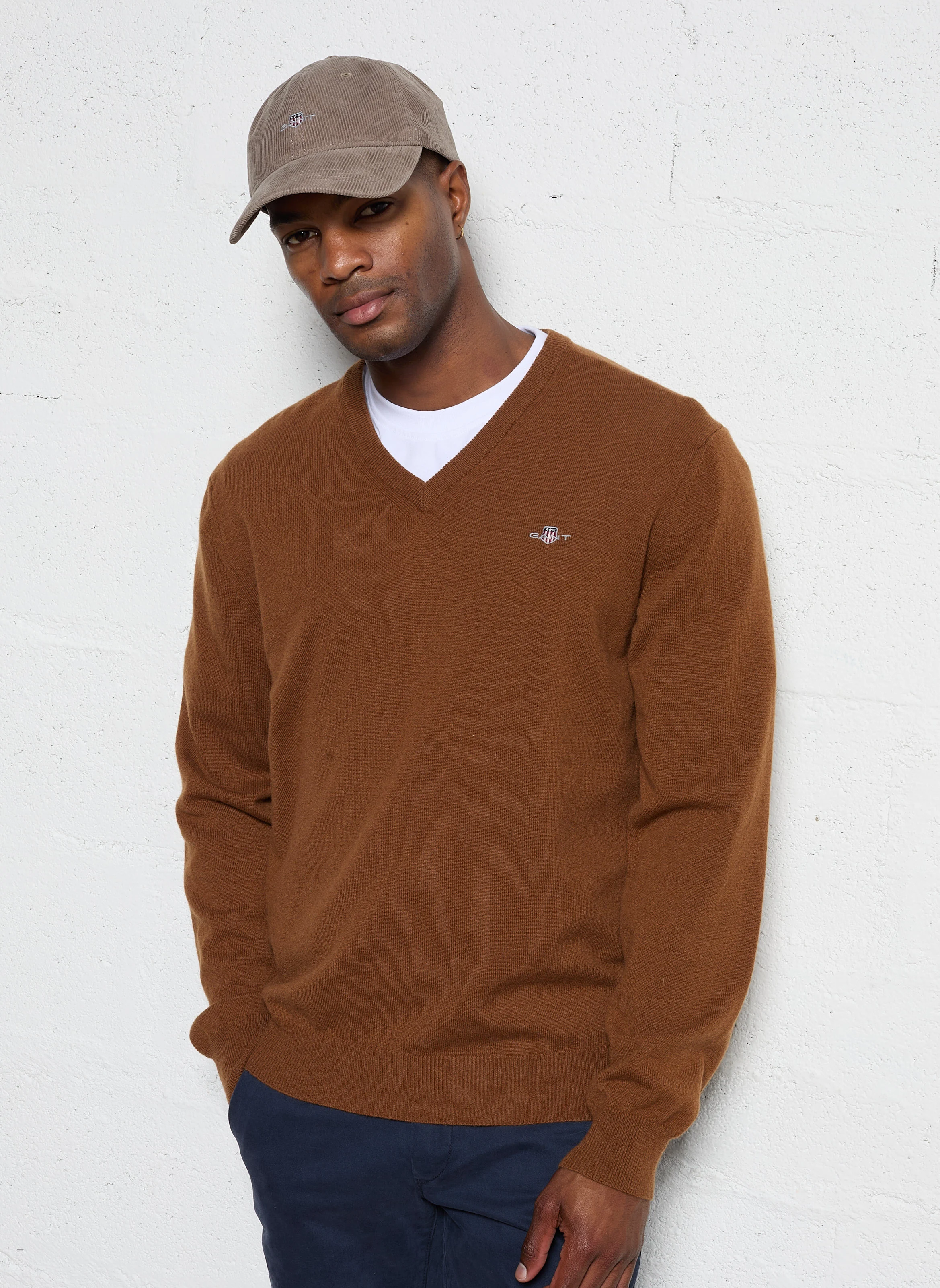 Pull droit col V brodé en laine | Orange