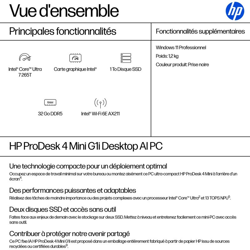 HP ProDesk 4 Mini G1i Intel Core Ultra 7 265T 32 Go DDR5-SDRAM 1 To SSD Windows 11 Pro Mini PC AI PC Noir