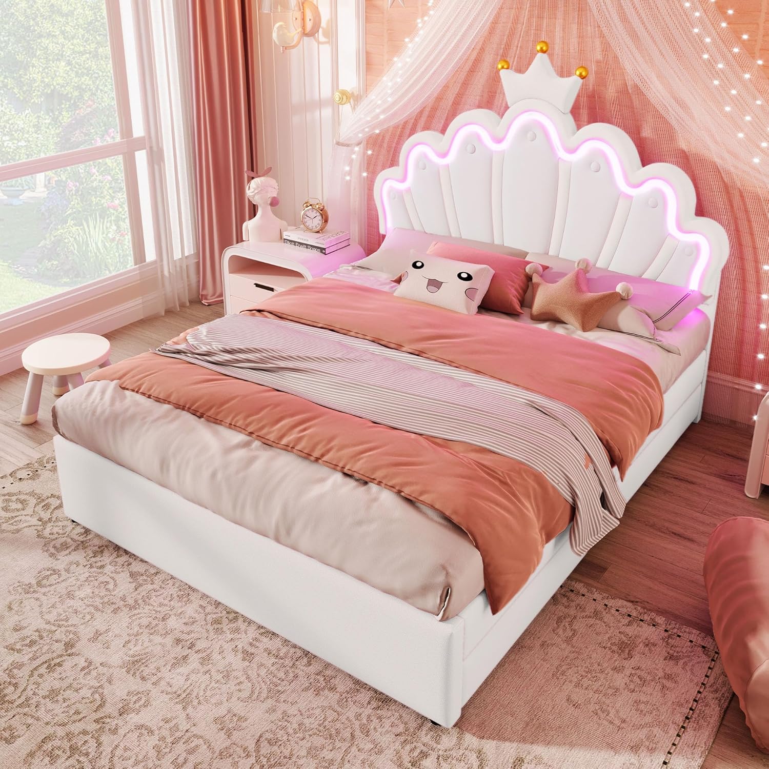 Merax Kinderbett 140x200, Polsterbett für Mädchen Kronen-Doppelbett mit verstellbarem Kopfteil, 16 Farben LED-Streifen, aus PU-Leder Bettrahmen mit Lattenrost und 2 Schubladen (ohne Matratze), Weiß