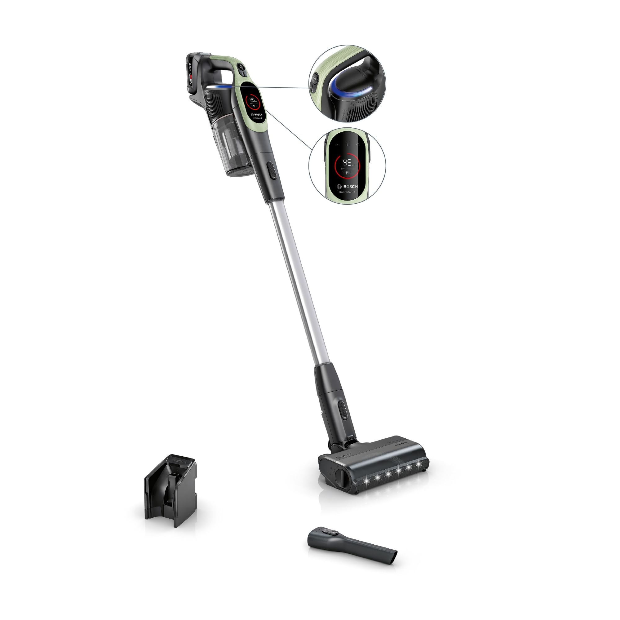 Bosch, aspirateur Balai sans Fil, Unlimited 9, Batterie 3.0 Ah, Technologie MicroClean, bac à poussières Facile à Vider, éclairage LED, Vert, BBS921TB