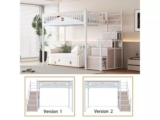 Lit mezzanine en métal 90x200 avec clôture sécurité à boule design fenêtre échelle de grimpe avec casiers bois interchangeable gauche droite gain de place