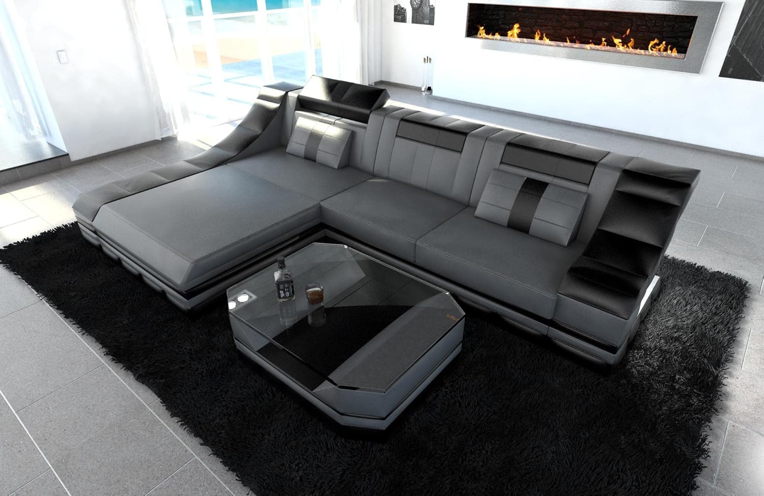 Sofa Dreams Ledersofa Turino L Form Ecksofa - mit LED Beleuchtung, verstellbare Kopfstützen, Recamiere/Lederfarben wählbar/Ausrichtung wählbar (Ottomane Links, Grau-Schwarz)