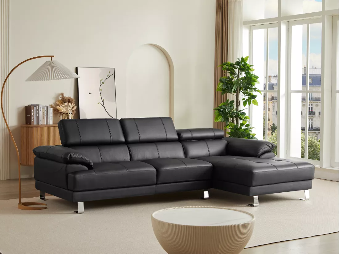 Canapé d'angle droit en cuir premium noir EXCELSIORA