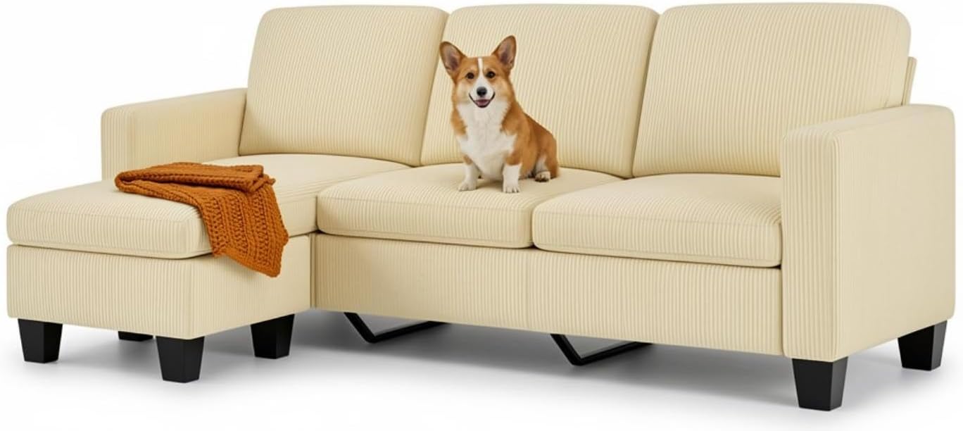 Xbro Ecksofa L-Form 3-Sitzer mit beweglichem Fußhocker, kleines Ecksofa aus weichem Cordstoff, 188 × 136,5 × 89 cm, Beige