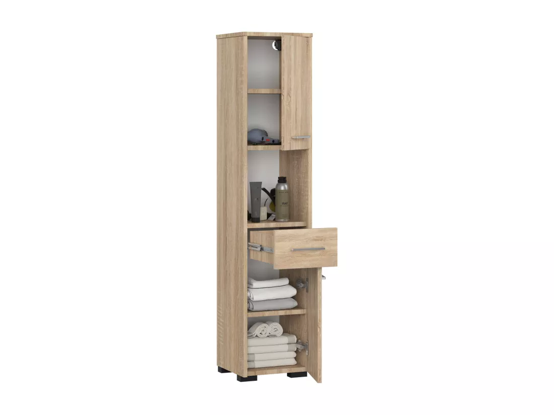 Colonne salle de bains AKORD FIN Chêne Sonoma 30 cm 2 portes 1 tiroir façade Chêne Sonoma 5 étagères 30x30x140 cm