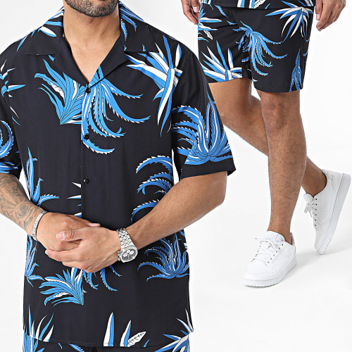 Ensemble Chemise Manches Courtes Et Short Jogging Floral Noir Bleu