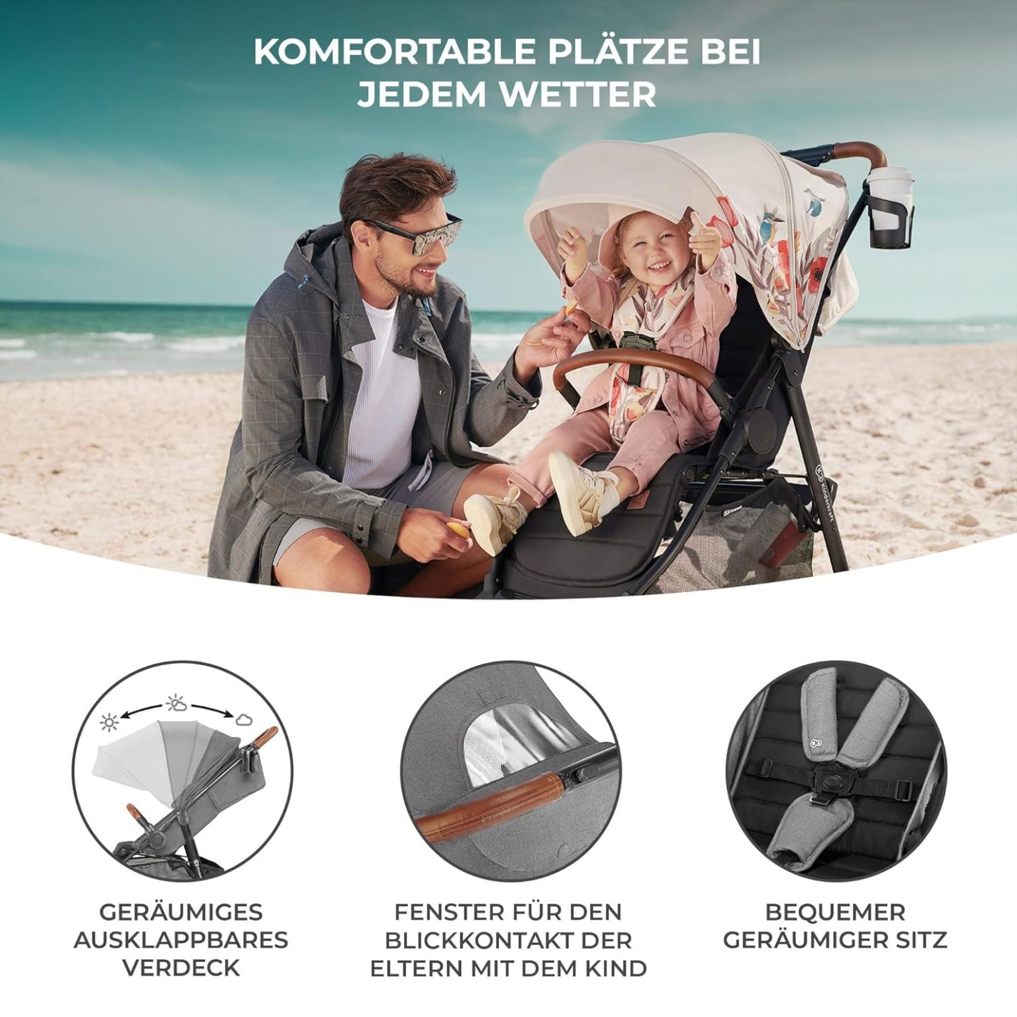 Kinderkraft GRANDE PLUS Kinderkraft buggy von Geburt bis 22 kg, Zusammenklappen mit einer Hand, Liegeposition, großes Verdeck mit Fenster, alle 4 Räder gedämpft, geräumige Sitz, Grau