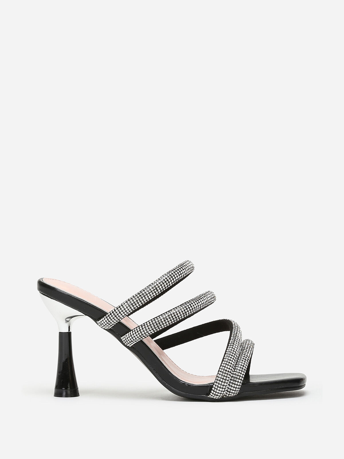 Mules à talon bobine et brides à strass- Noir