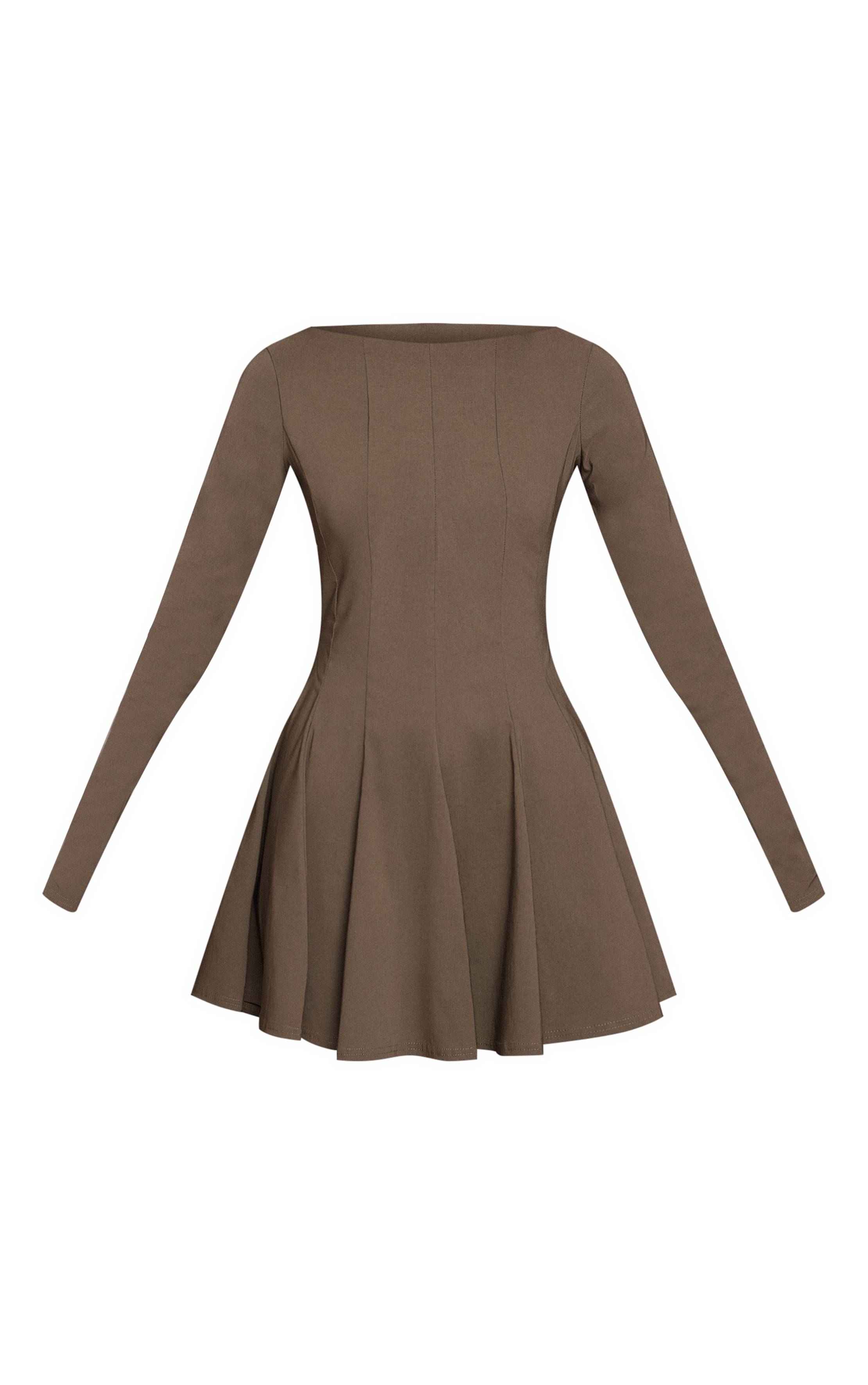 Kaki Robe Droite Plissée À Manches Longues Et Col Bateau En Tissu Extensible