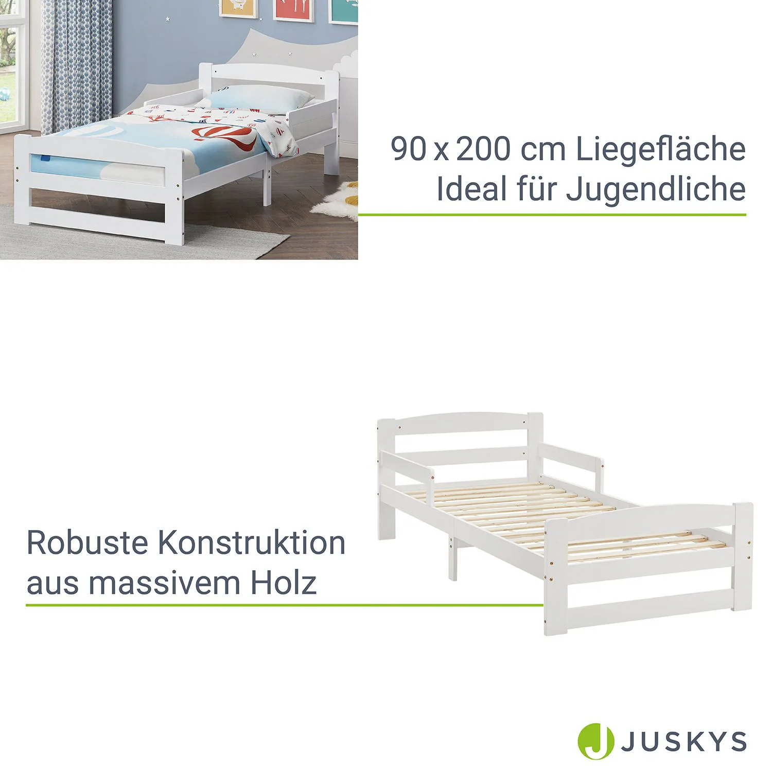 Juskys Jugendbett Arona 90x200 cm aus Massivholz mit Lattenrost und Rausfallschutz in Weiß