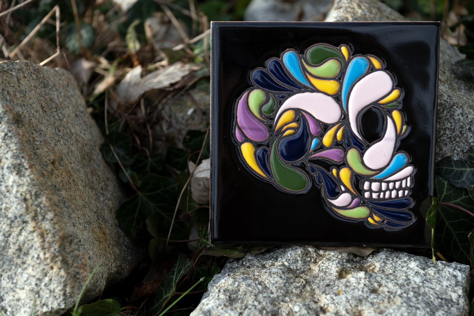 Relief-Kachel 'Cráneo Lateral', schwarz, multicolor, H 15 cm, B 15 cm von fischer's lagerhaus
