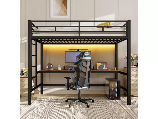 Lit mezzanine 90×200 cm rampe escabeau table avec USB et prise bande lumineuse Wire Control éclairage d'ambiance métal Noir