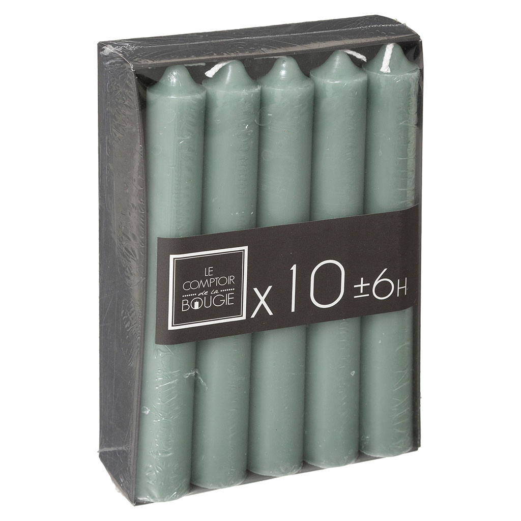 Lot de 10 bougies bâton vert eucalyptus H 16cm