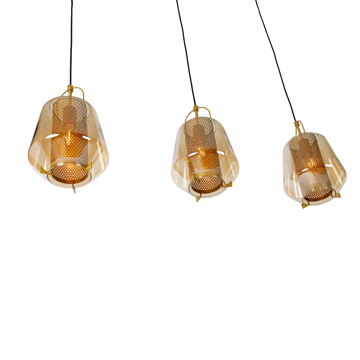 Hanglamp goud met amber glas 23 cm langwerpig 3-lichts - Kevin