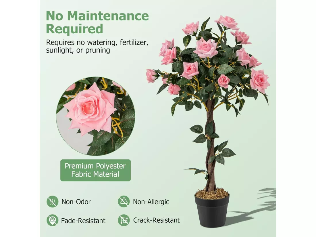Plante Artificielle en Pot Remplies de Ciment 93CM avec 21 Roses, Fausse Rosier à Fleurs avec Tronc en Bois Véritable, Décoration Moderne pour Salon Balcon Bureau