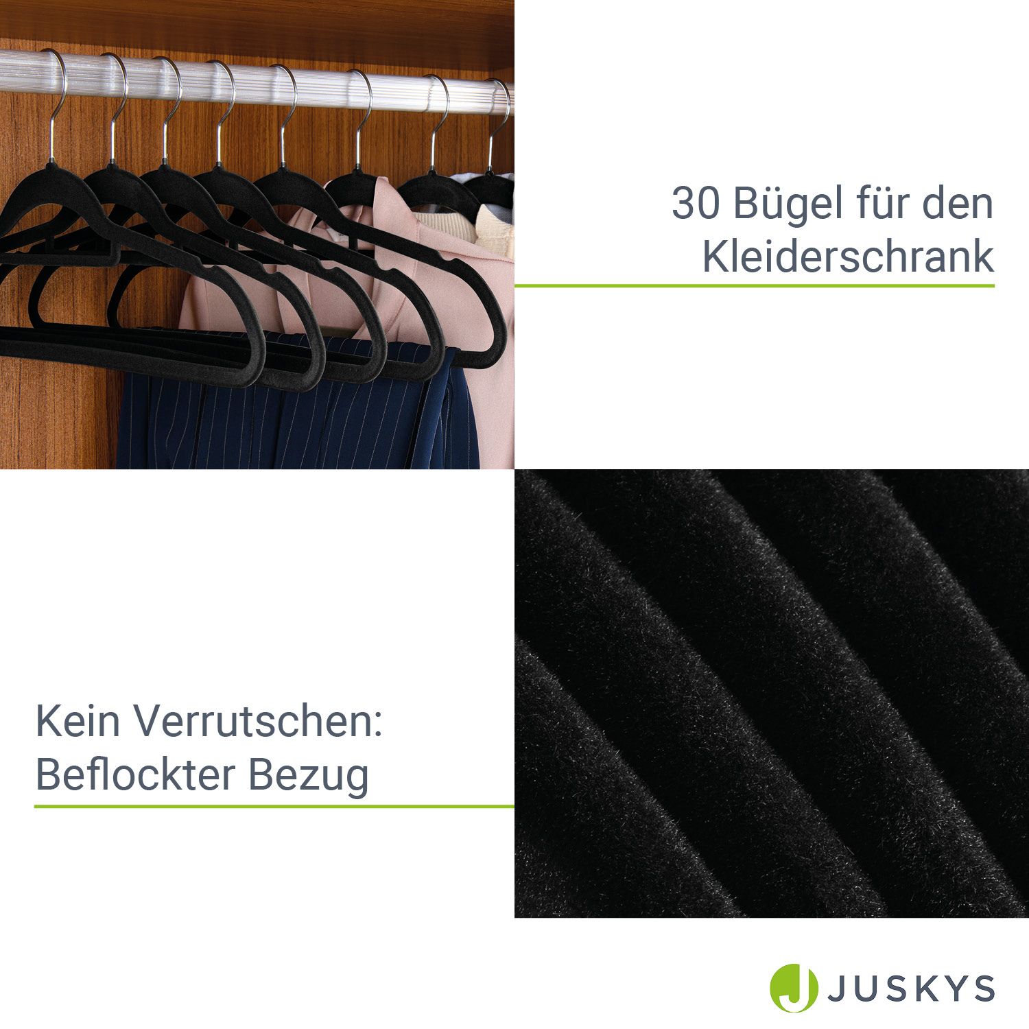 Juskys Kleiderbügel Samt 30er Set - Bügel rutschfest, schmal, beflockt - Samtbügel 30 Stück Schwarz