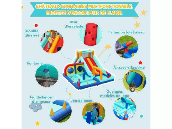 Château gonflable, parc aquatique, avec souffleur, 2 toboggan et pistolet à eau, 3 à 8 ans, 365x450x217cm