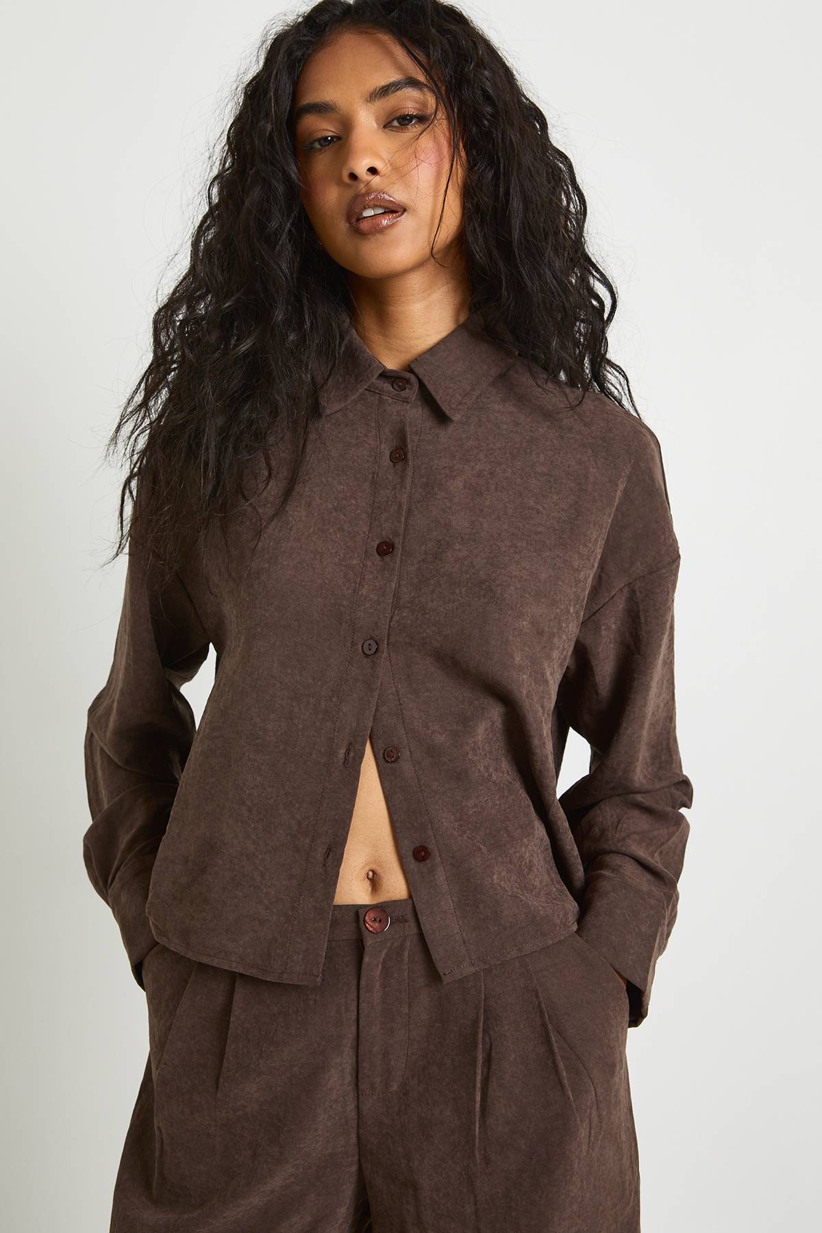 boohoo Ensemble Coordonné Chemise Courte Ample À Effet Pêche Et Pantalon Taille Basse