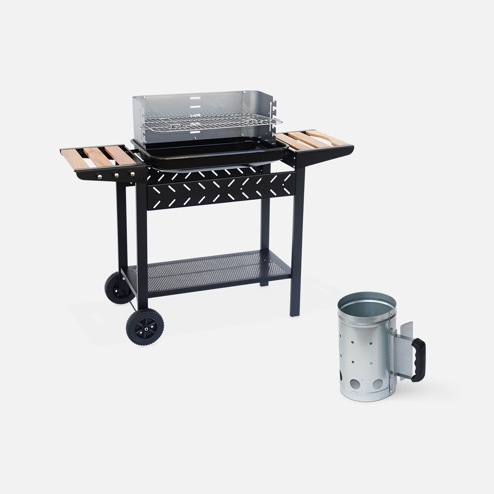 Barbecue au charbon. Noir et gris. Hauteur de grille ajustable. Cuve émaillée. Tablettes en bois + cheminée d’allumage