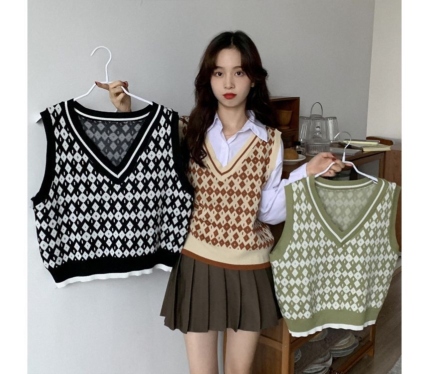 Saccharine - V-hals patroon trui vest
