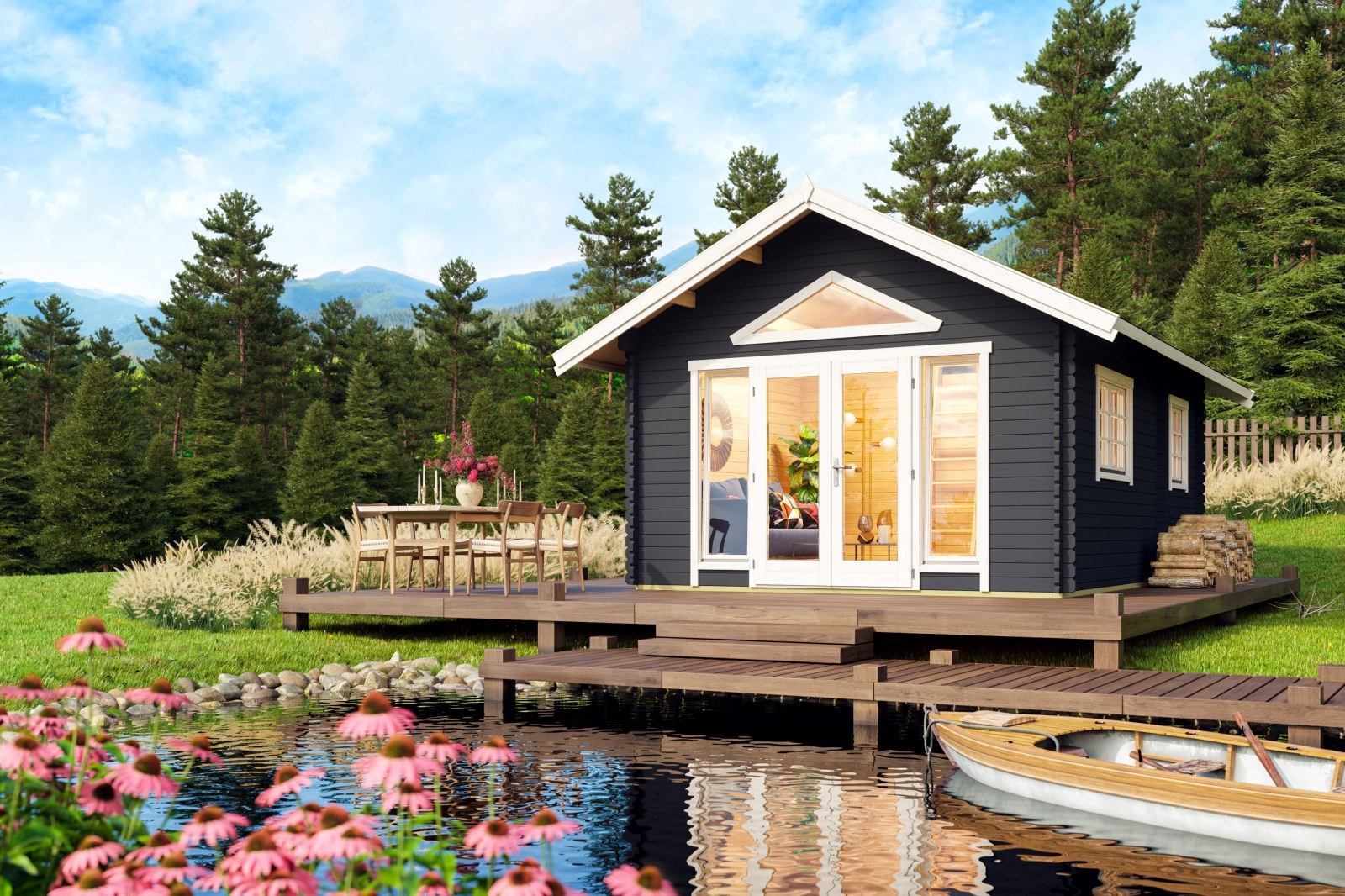 Gartenhaus CAROLINE 2.2 - carbongrau - Fichte massiv - 390x575 cm