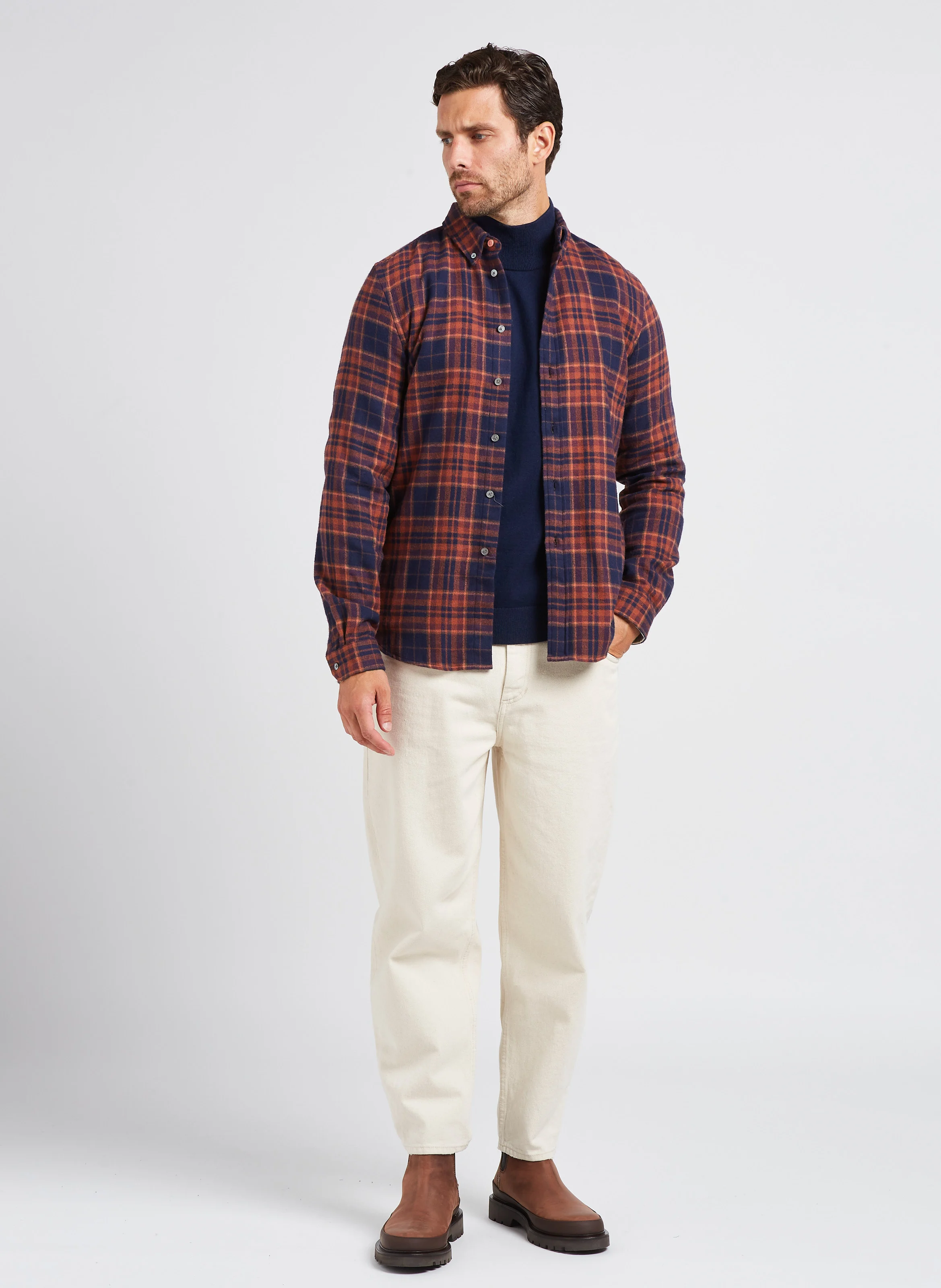 Chemise col classique à carreaux en coton| Bleu