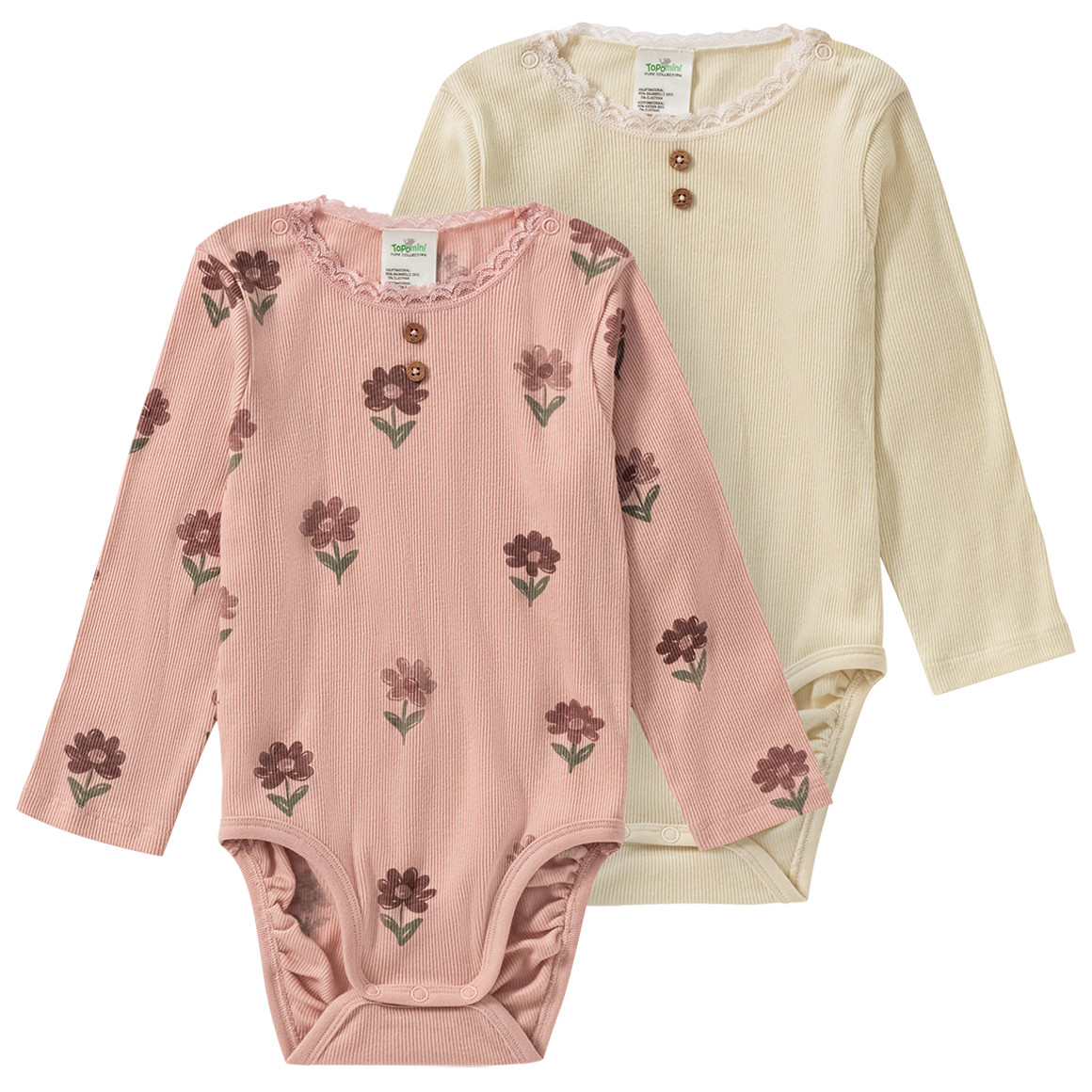 Topomini Pure Collection 2 Baby Langarmbodys mit Rippstruktur hellrosa / hellbeige