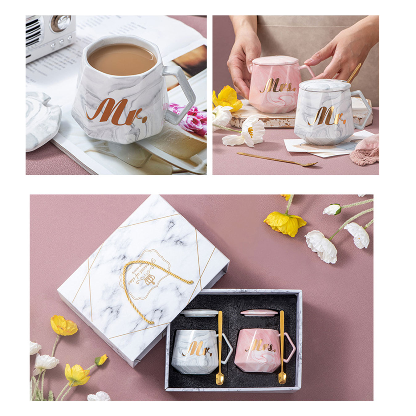 (6-tlg. Set) 340ml Keramik Kaffee Tasse Hochzeits Geschenk Couple Cups inkl. Deckel   Löffel - Mr & Mrs