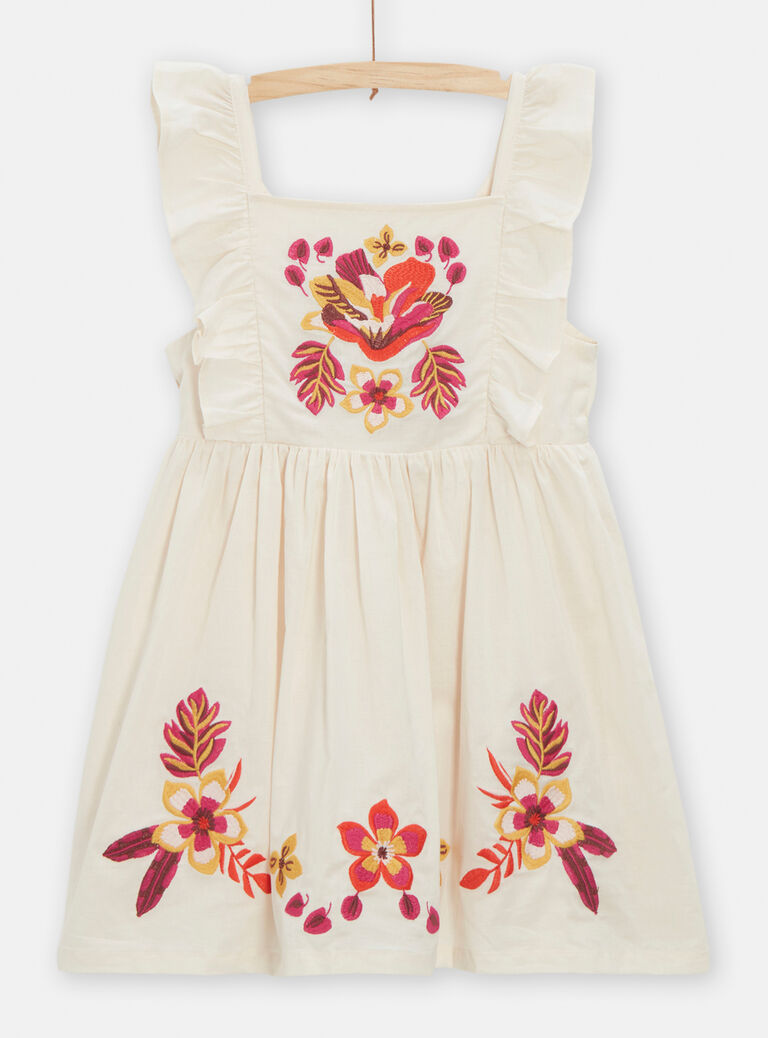 Robe écru foncé broderie fleuries à dos nu pour fille