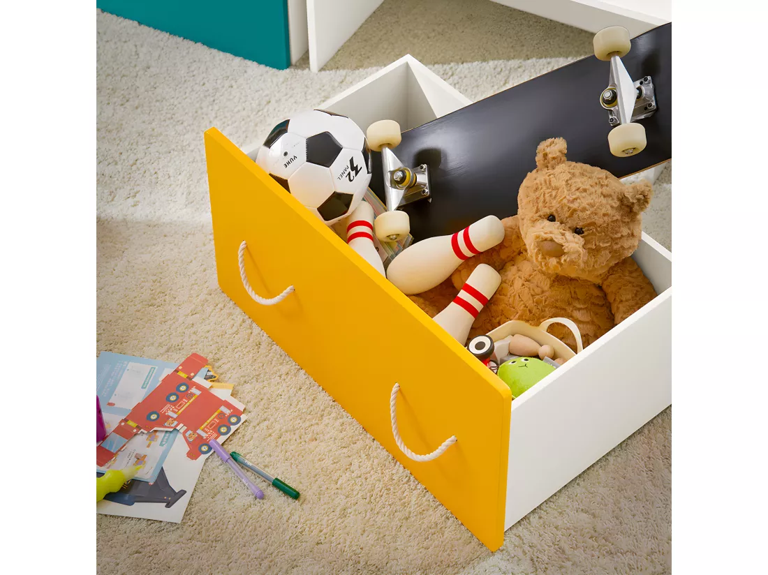 SoBuy KMB73-W Coffre à Jouets, Meuble de Rangement à Roulettes, Bac de Rangement avec 1 Tiroir pour Chambre Enfant et Salle de Jeux, Blanc Jaune